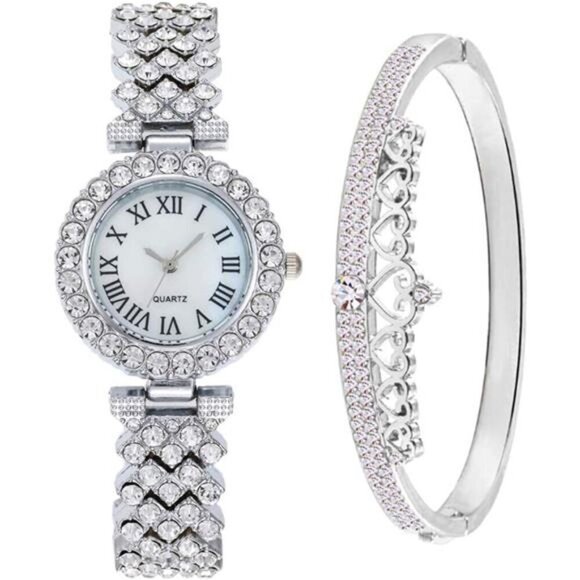 Silver Crystal-Embellished Women’s Watch and Bracelet Set – Timeless Sparkle - Picture 1 of 5